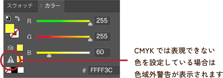 CMYKでは表現できない色を設定している場合は色域外警告が表示されま